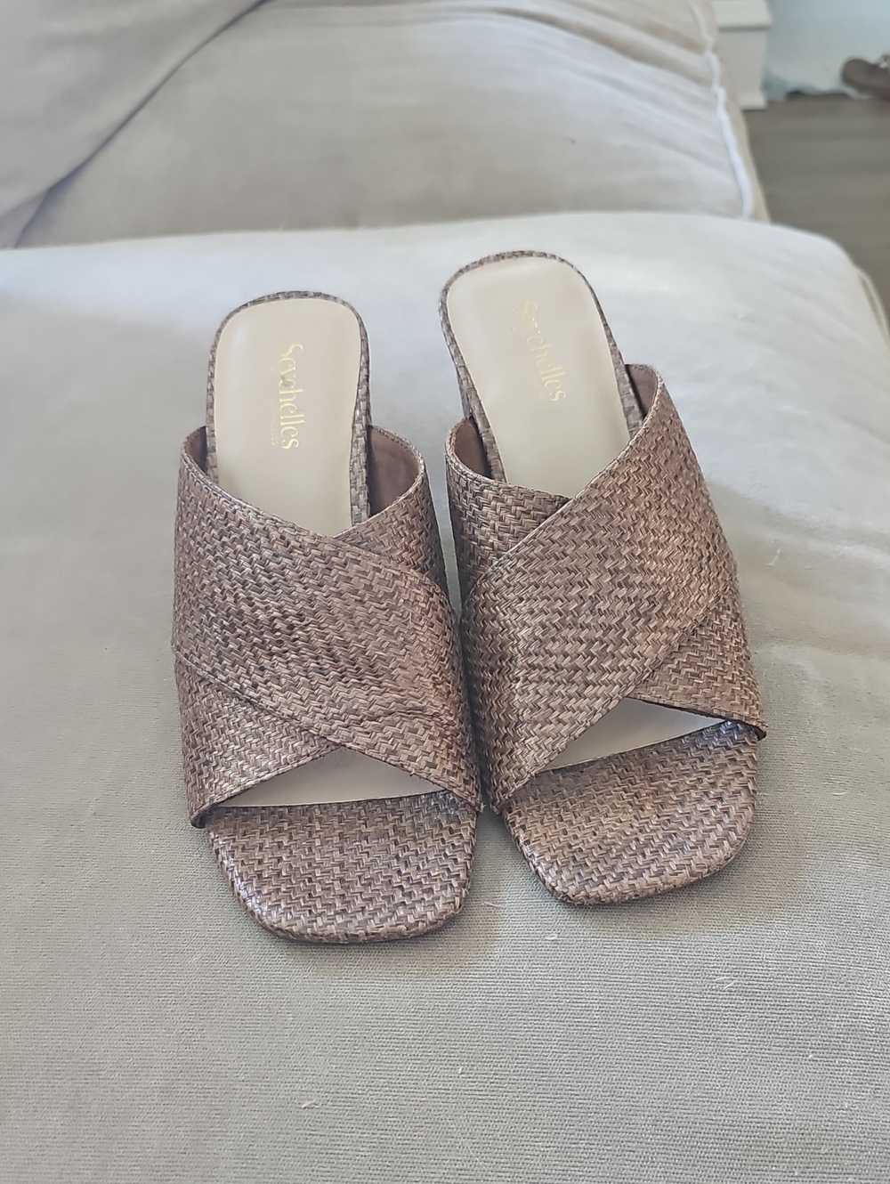 Anthropologie Seychelles Tan Woven Crisscross Slide Mules